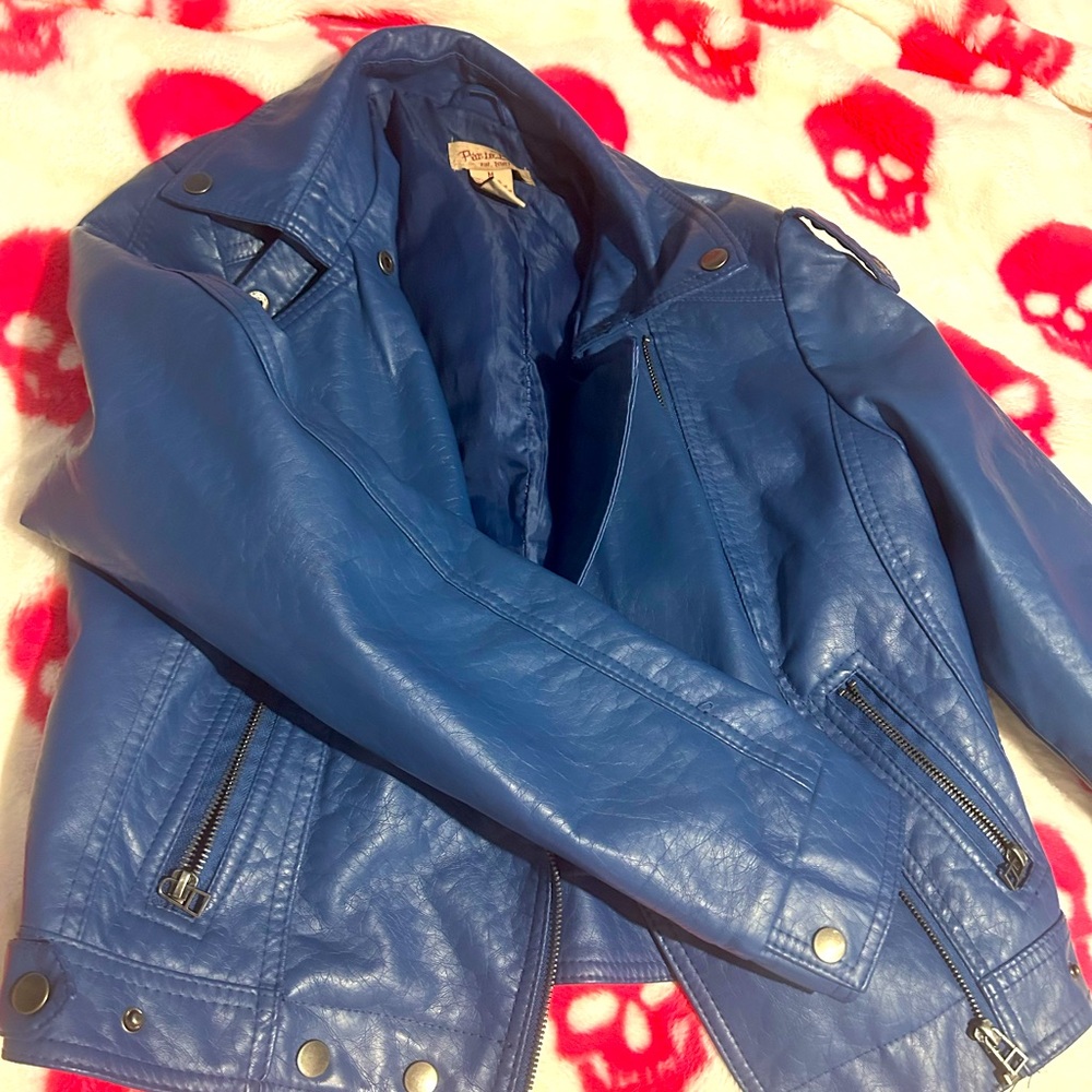 Blue pleather motorcycle style jacket